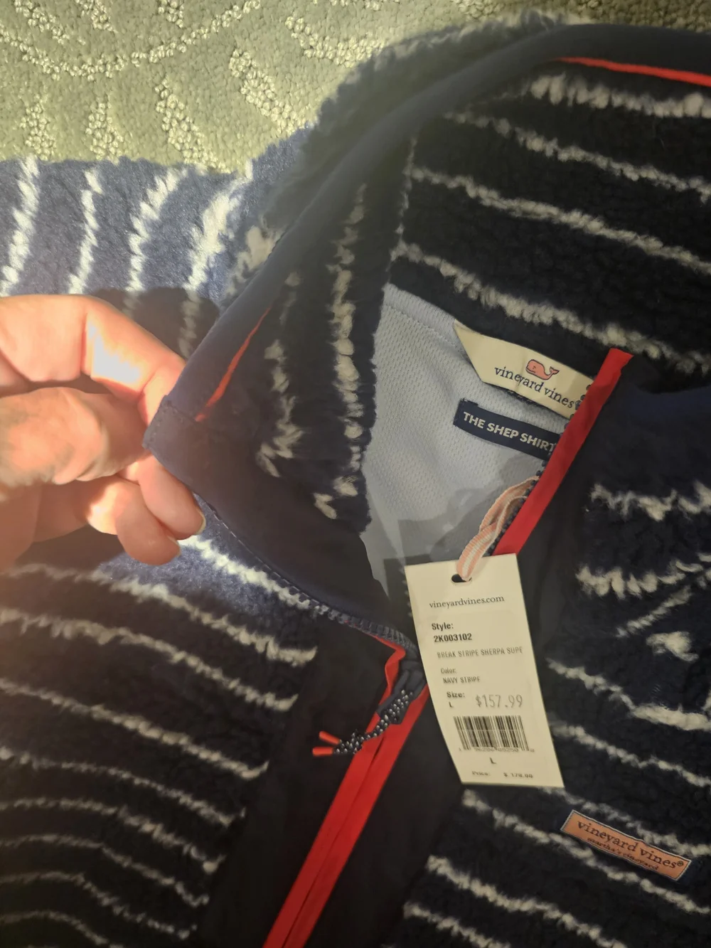 Vineyard Vines Navy and White Striped Sherpa Zip Pullover with Coral Trim - Picture 3 of 4